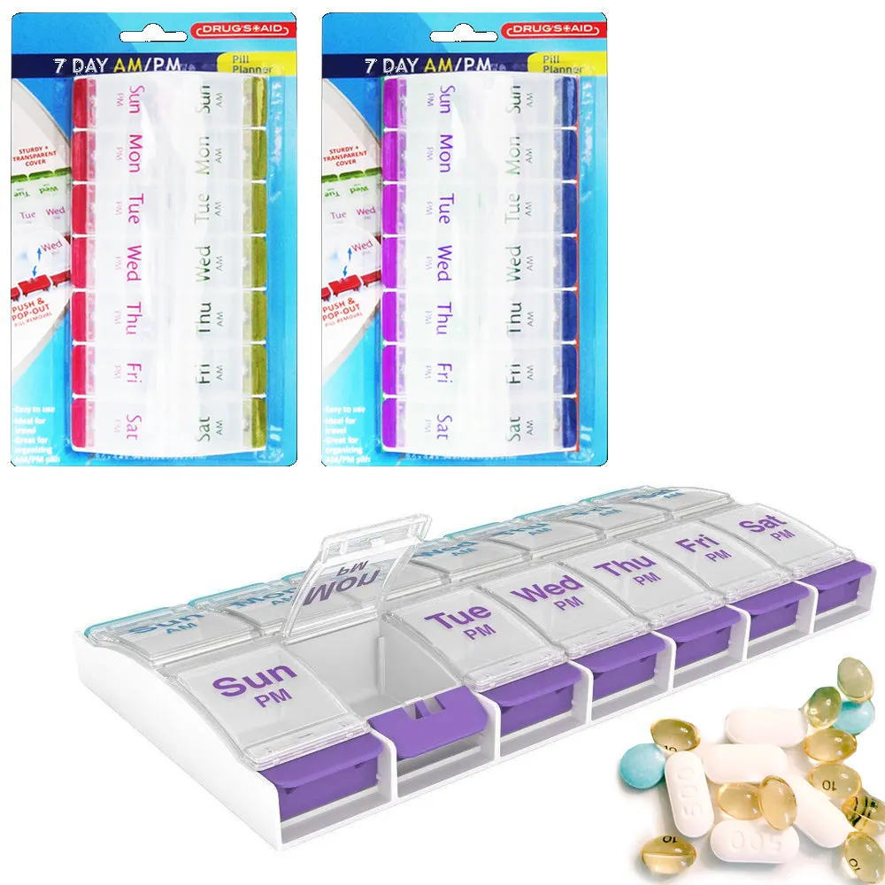 2 Pack Pop Up Pill Box 7 Day Medication Compartment Container Storage Organizer