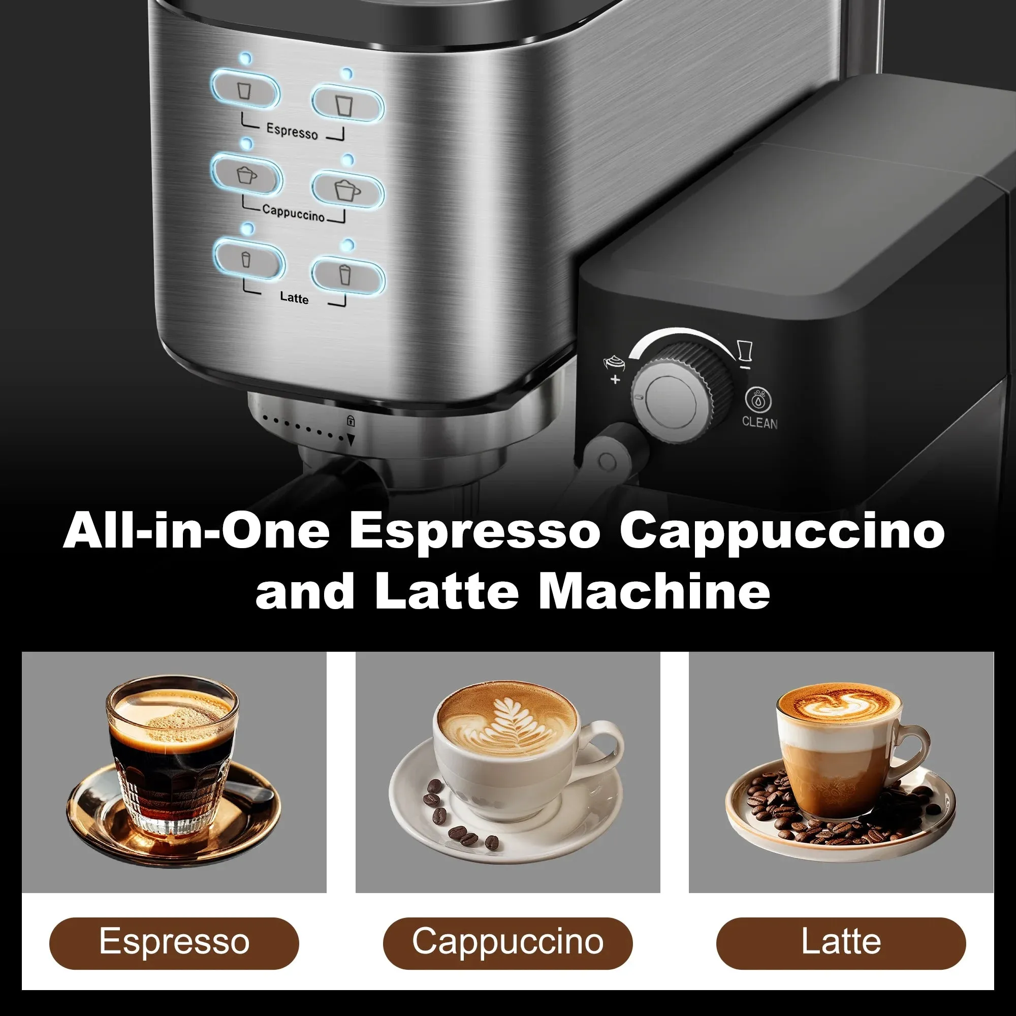 Bluebow 6-in-1 Espresso Machine, 20 BAR Cappuccino & Latte Machine with Built-In Milk Frother, One-Touch Single or Double Shot, 1350W, Stainless Steel