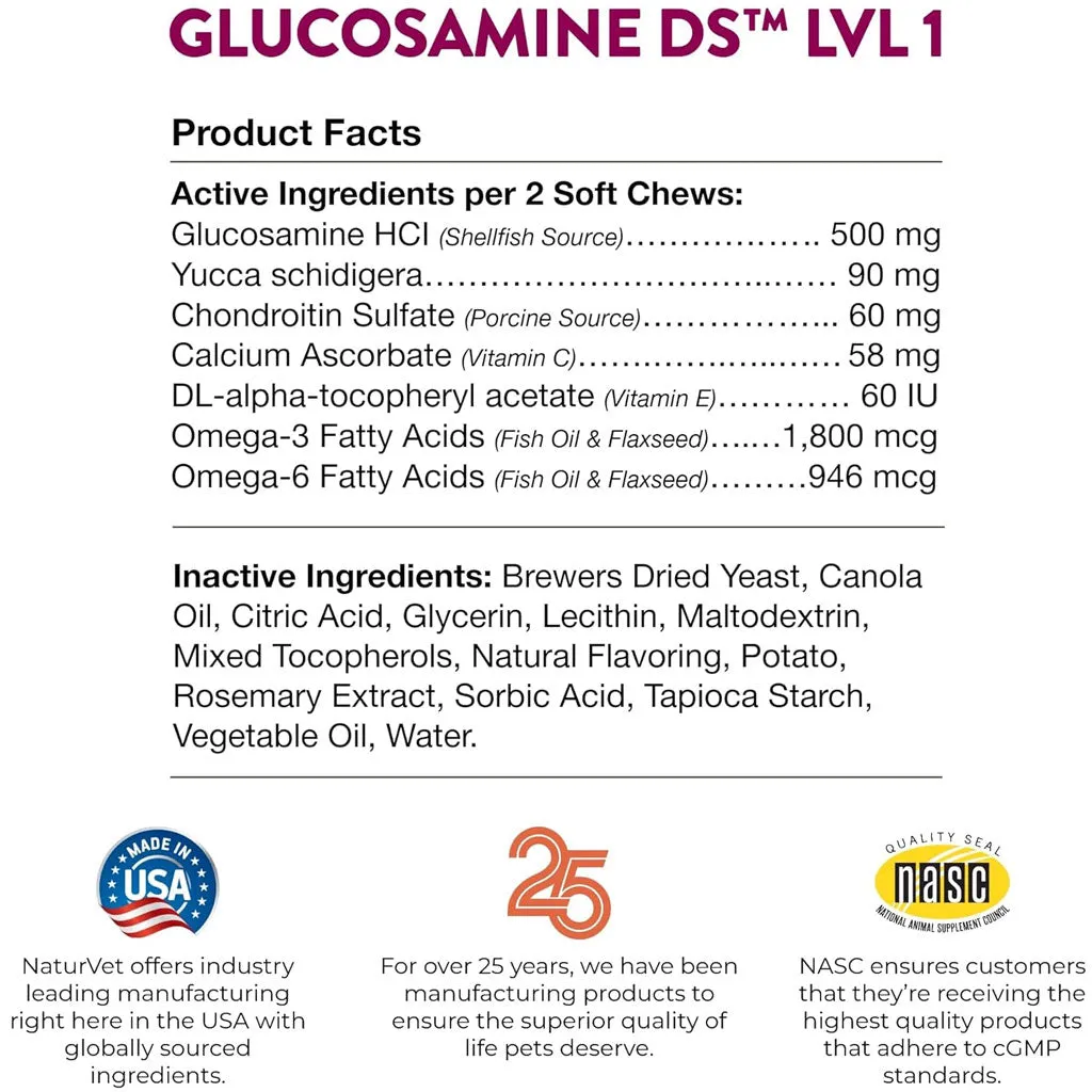NaturVet Glucosamine DS Level 1 Soft Chews with Chondroitin for Dogs & Cats, 70 count