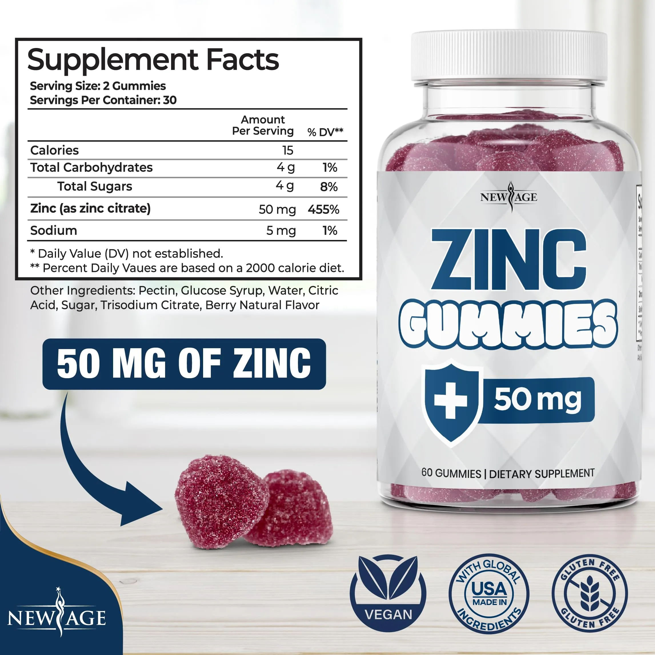 NEW AGE Zinc Gummies - 2 Pack - 50mg High Immune Booster Zinc Supplement, Immune Defense, Powerful Natural Antioxidant, Non-GMO - by New Age, 120 Count