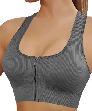 Secret Sport Ribbed Sleeveless Crop Work out Top With Zip and Padded in Grey