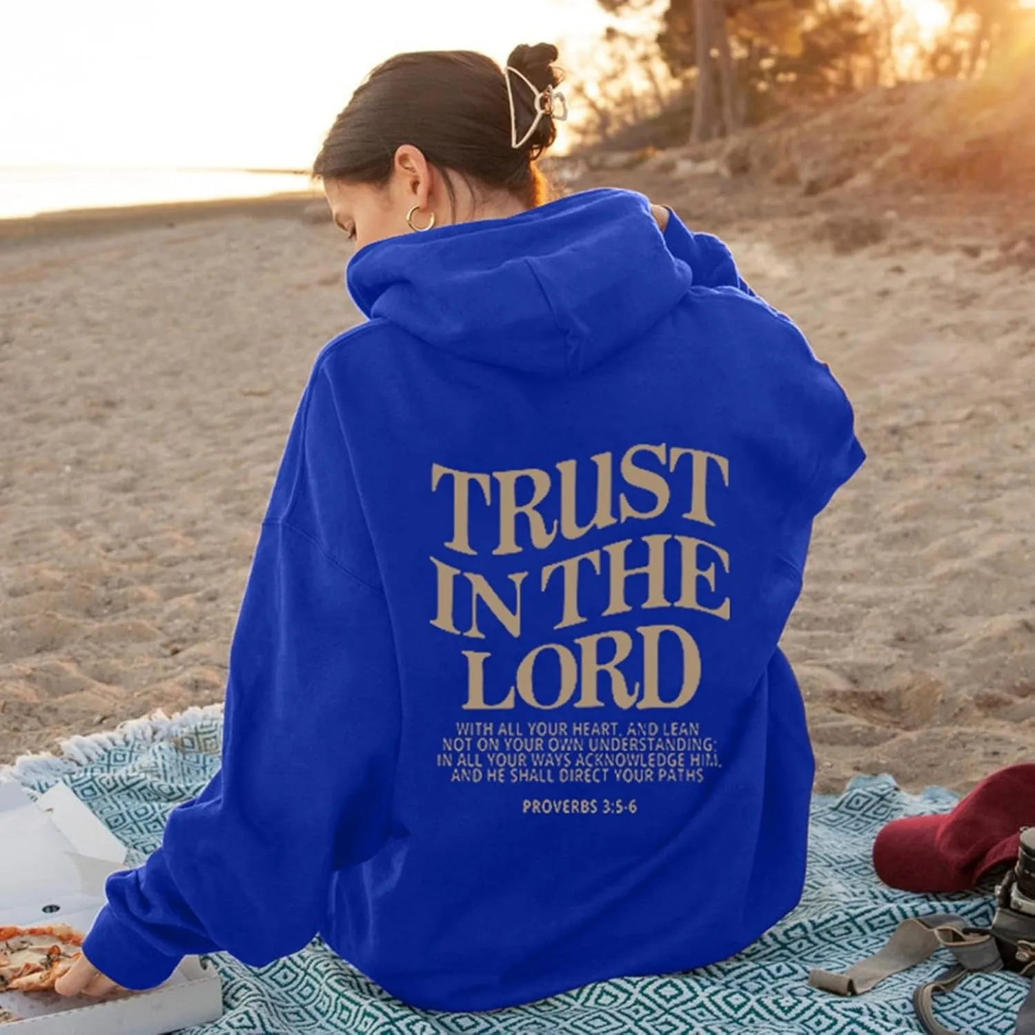 Trust in The Lord Letter Print Fashion Hoodies & Sweatshirts for Women Oversize Pullover with Kangaroos Pocket Drawstring Top
