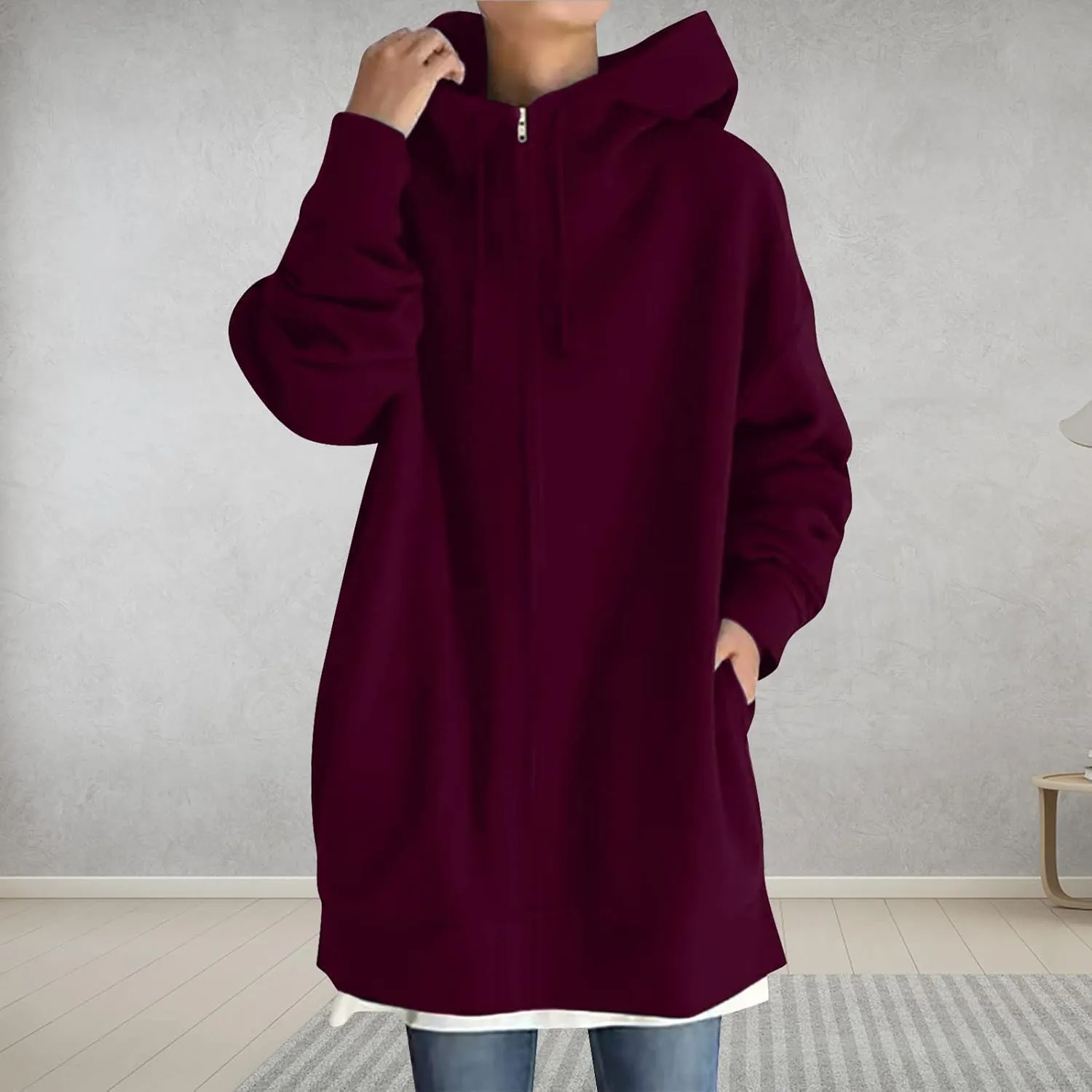 Women Long Sweatshirt Pullover Long Sleeve Solid Color Zip Up Hoodies Slim Fit Casual Fall Winter Shirts with Pocket