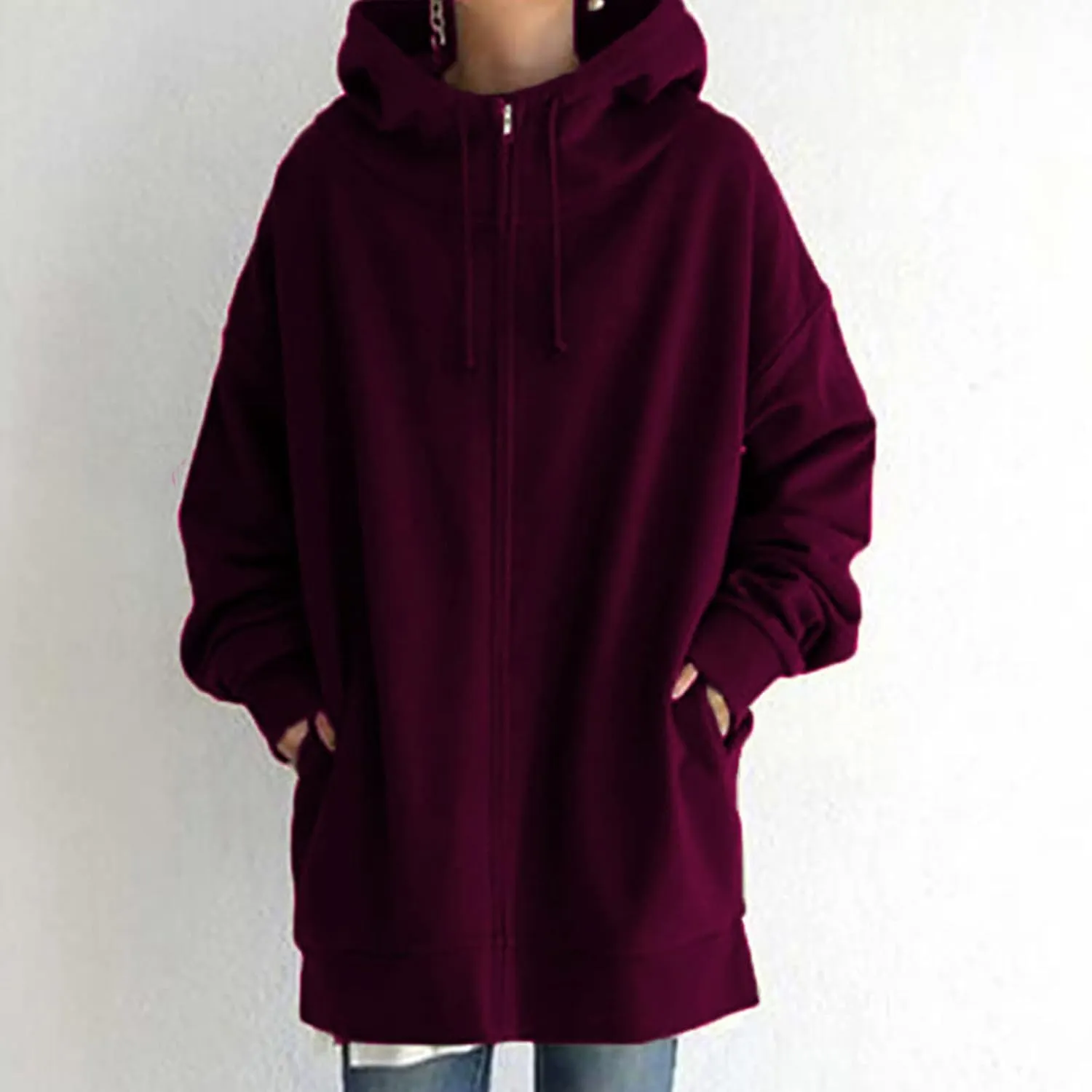 Women Long Sweatshirt Pullover Long Sleeve Solid Color Zip Up Hoodies Slim Fit Casual Fall Winter Shirts with Pocket